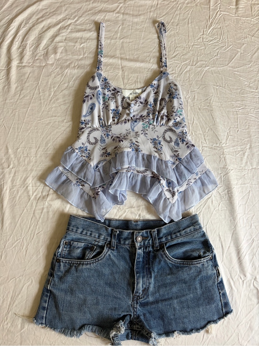 Free People Light Blue Paisley Ruffle Camisole